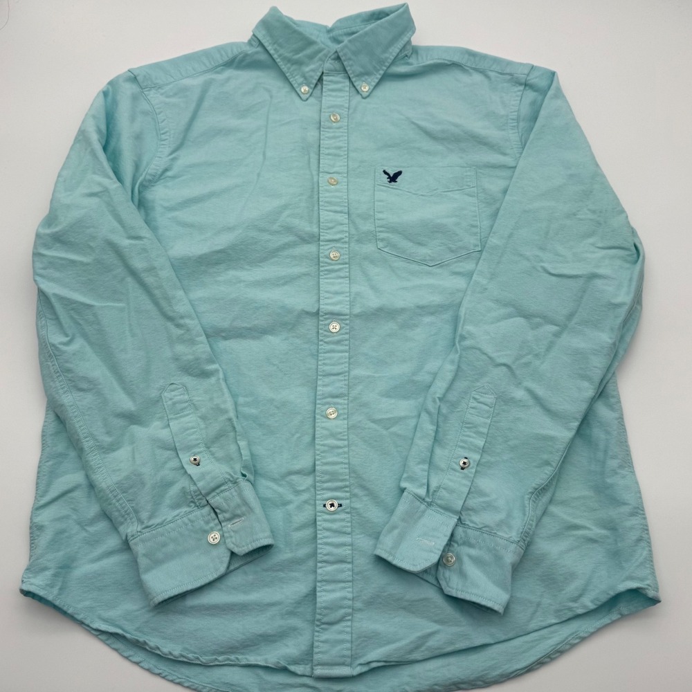 American Eagle L Mens Oxford Button Down Shirt‎ Aqua Blue Long Sleeve Logo Large